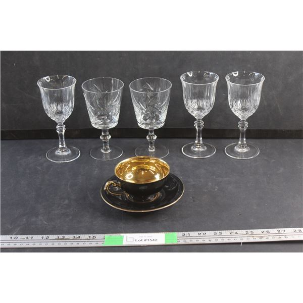 (5) Crystal Goblets and Tea Cup & Saucer