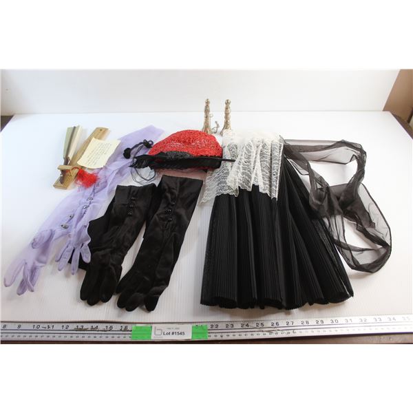 Apron. Hand Fan, Ladies Gloves, Vintage Ladies Hat and Misc.