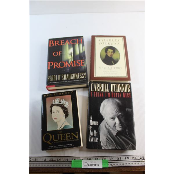(4) Books - The Queen Elizabeth II Biography, Charles Dickens and Caroll O Connor