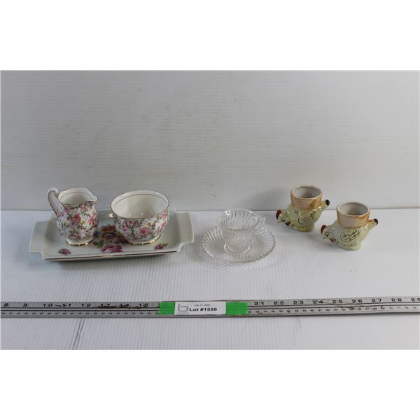 Luster Ware Egg Cups, Espresso Cup & Saucer and Cream & Sugar Set with Serving Tray