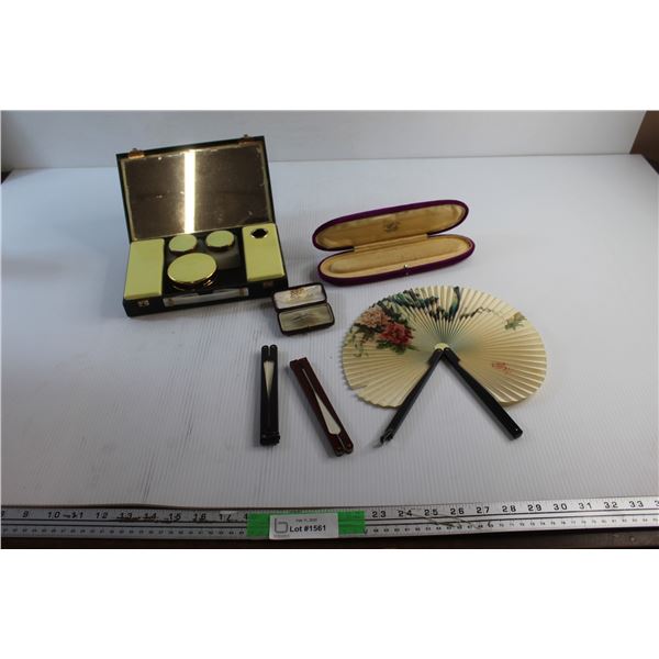 Vintage Make Up Box, Hand Fans and Jewelry Cases