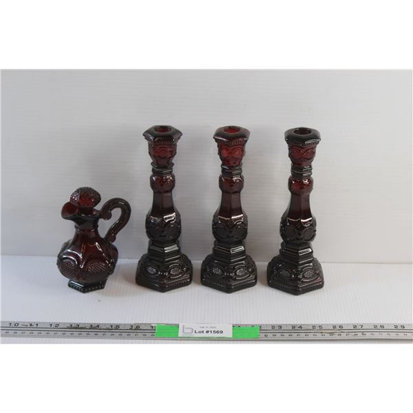 (3) Avon Cape Cod Candle Holders and Oil Pitcher