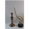 Image 2 : (2) Brass Candle Holders and Brass Bird Statue