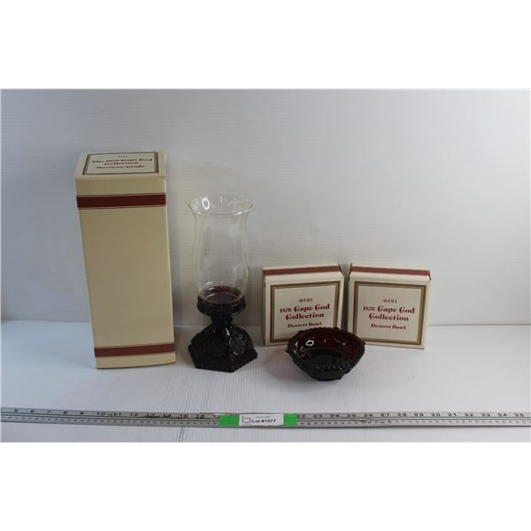 Avon The 1876 Cape Cod Collection Hurricane Candle and (2) Dessert Bowls