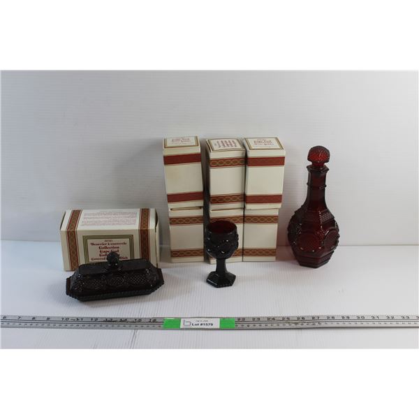 (7) Avon The 1876 Cape Cod Collection Goblets, Covered Butter Dish and Liquor Decanter