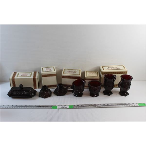 Avon The 1876 Cape Cod Collection Covered Butter Dish, Candle Holders, Cream & Sugar Set and Pedesta