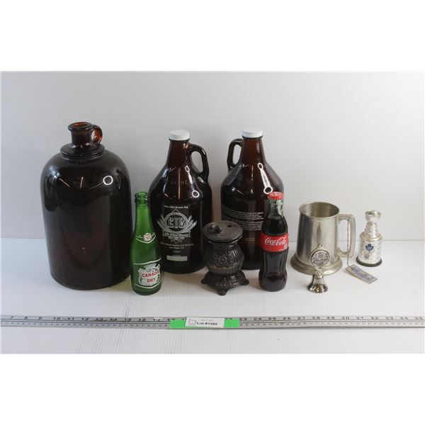 Vintage Glass Bottles, Canada Dry Bottle, Sealed Coca Cola Bottle, Ceramic Sugar Dish and Misc.