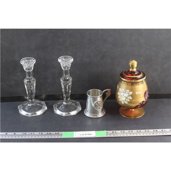 Glass Candle Holders, Pewter Stein and Ruby Glass Covered Dish