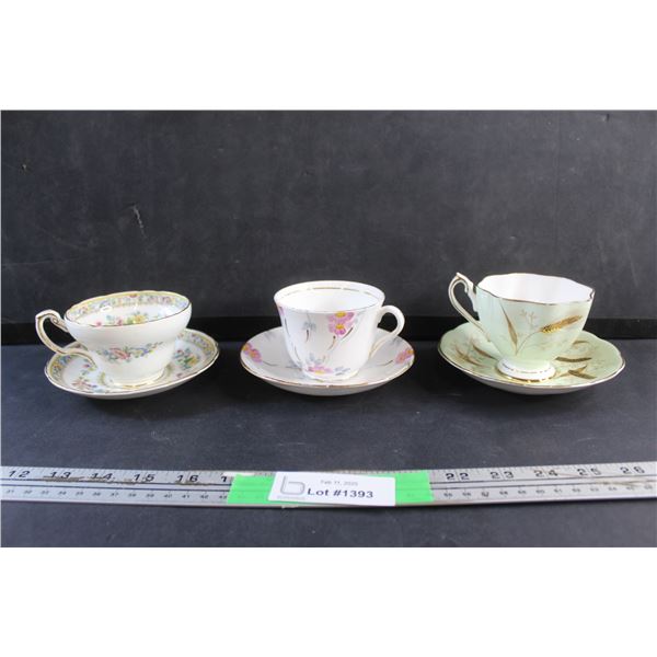 (3) Bone China Ceramic Tea Cups and Saucers