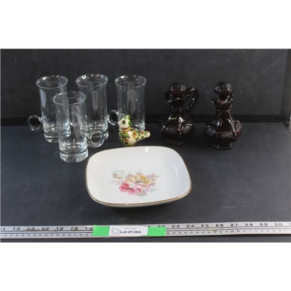 (4) Irish Glass Coffee Mugs - Chipped, Bird Ornament, (2) Cape Cod Glass Oil Bottles and Ceramic Pla