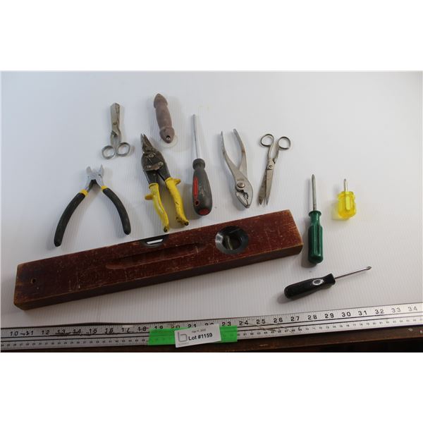 Carpenter's Level, Wire Cutters, Scissors, Screwdrivers and Pliers