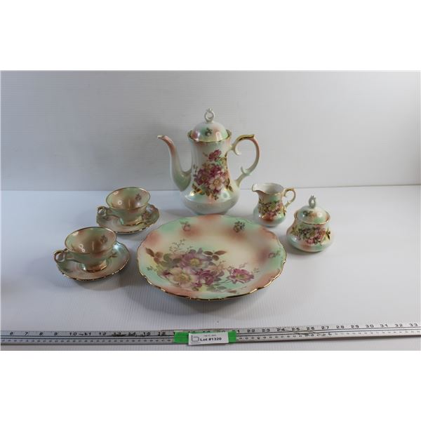 House of Goebel Porcelain China Tea Pot, Cream & Sugar Set, (2) Tea Cups & Saucers and Serving Platt