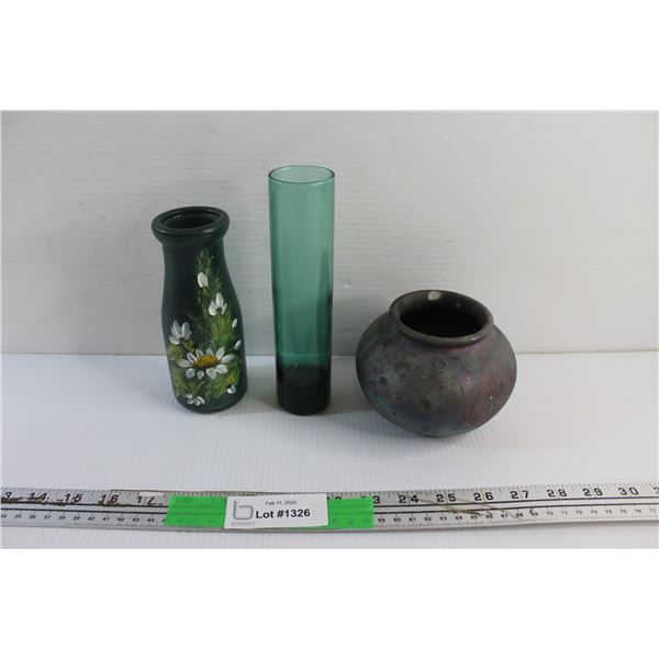 Hand Painted Ceramic Vase, Emerald Glass Vase and Ceramic Flower Vase