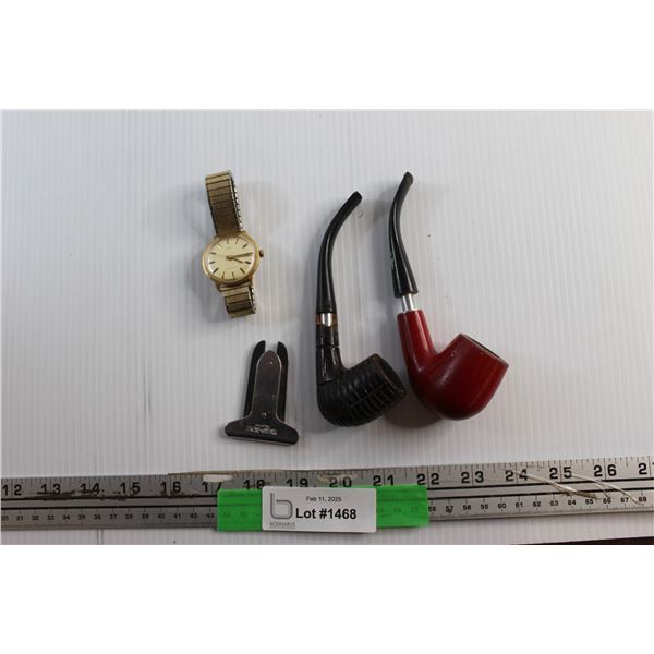 (2) Tobacco Pipes - Damaged, Cigarette Trimmer and Timex Automatic Watch - Tested