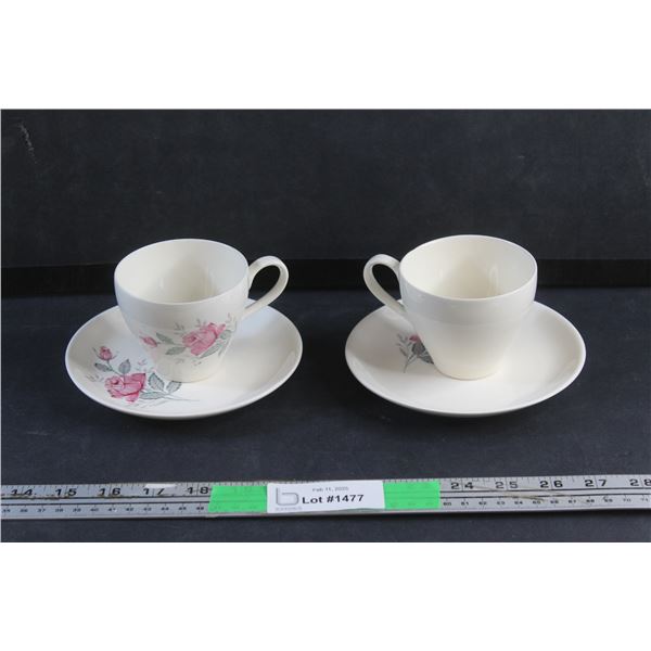 (2) Pink Rose Ceramic Coffee Mugs and Saucers