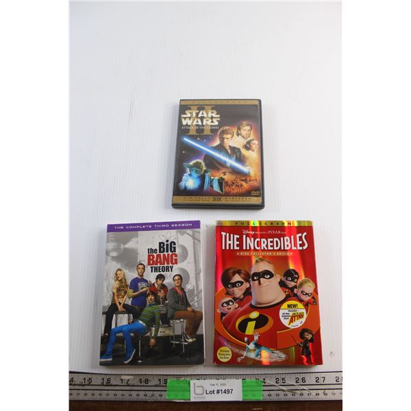 Star Wars Attack of the Clones, The Incredibles and The Big Bang Theory DVD Movies