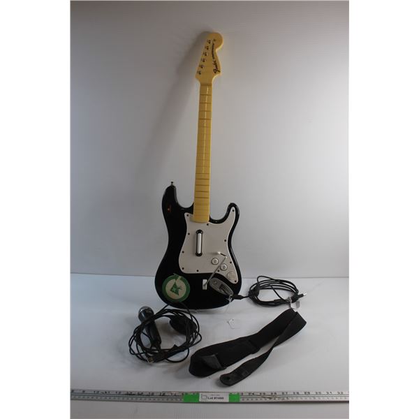 Rock Band Microphone, Harmonix Stratocaster Electric Guitar and Belt - Consignor Says Works