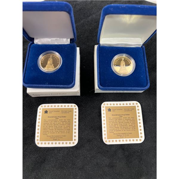 Two 1994 Royal Canadian Mint Remembrance Proof Dollars in Boxes