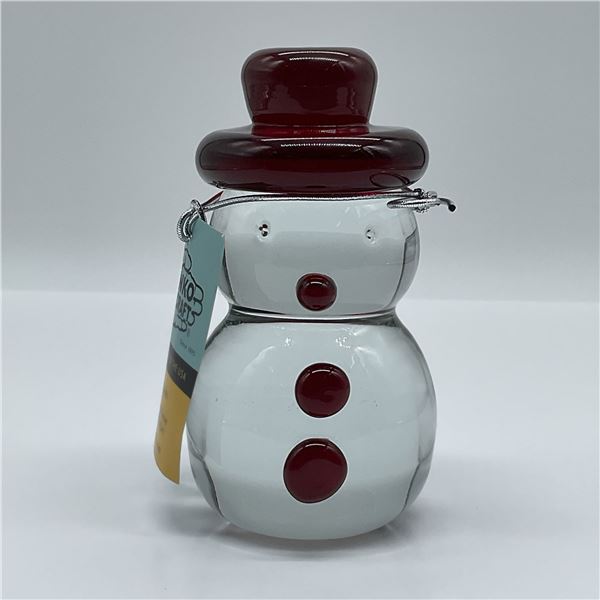 Blenko Glass Snowman Figurine, Cranberry Red Accents