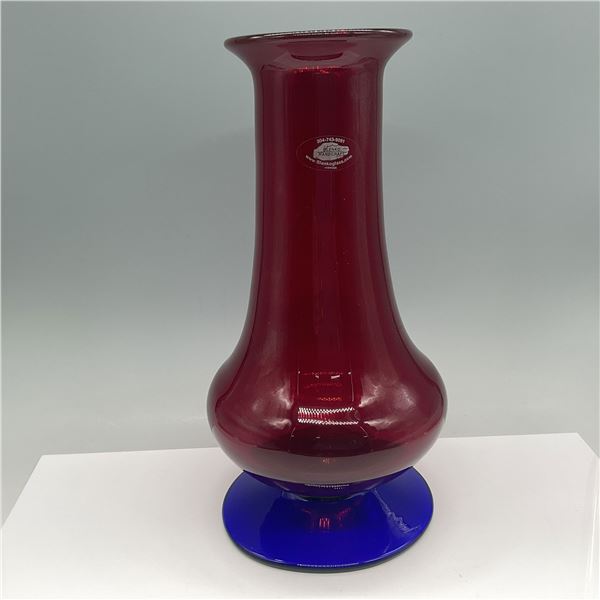 Blenko Handcrafted Ruby Red Glass Vase with Cobalt Blue Base