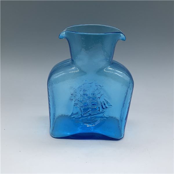 Blenko Blue Glass Water Bottle with Embossed Ship Design