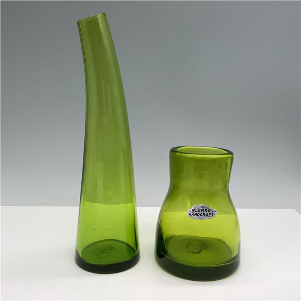 2pc Blenko & Hand-Blown Green Glass Vases