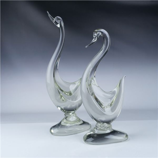 Pair of Clear Art Glass Swan Sculptures