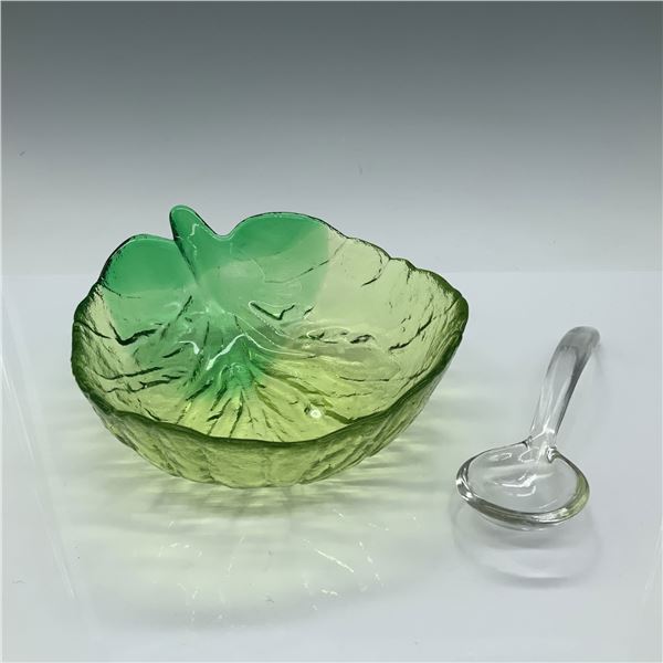 2pc Green Glass Leaf Dish and Spoon Set