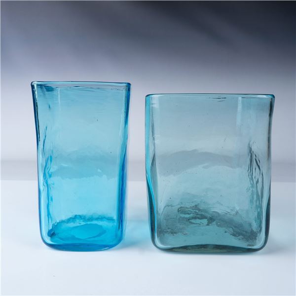 2pc Handblown Blue Square Glass Vases