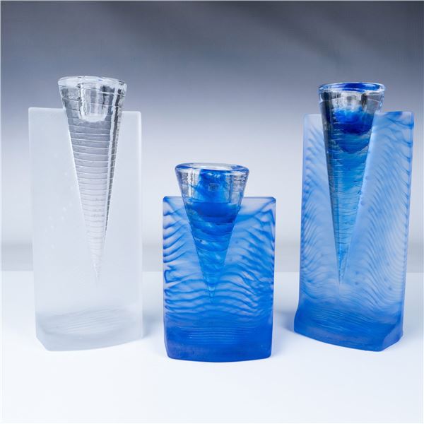 3pc Kosta Boda Ice Age Blue and Clear Candleholders