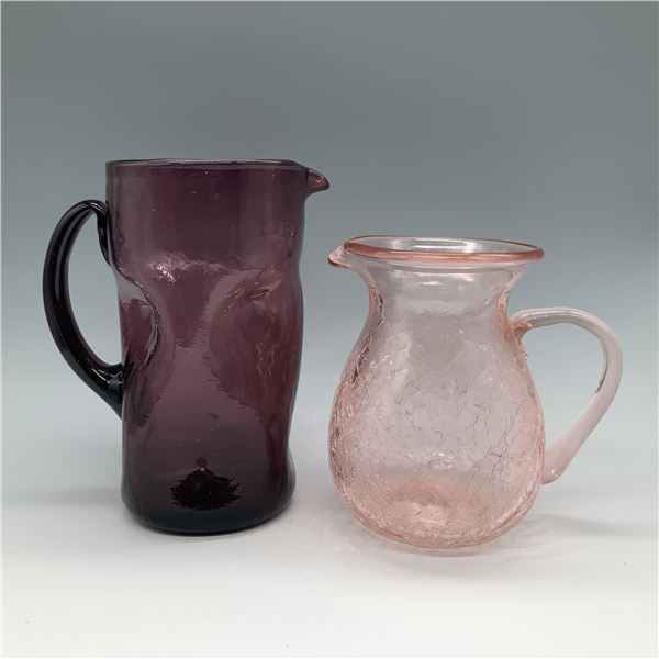 2pc Handblown Crackled Glass Pitcher, Amethyst and Pink