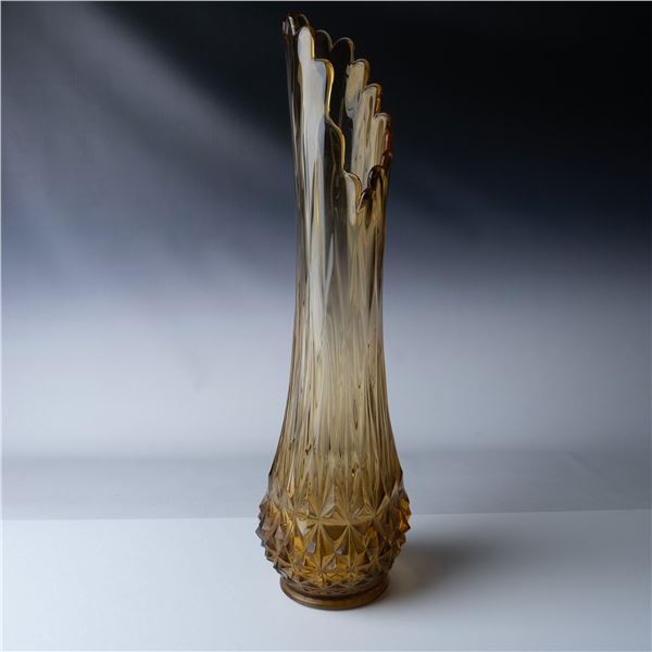 Amber Glass Vase, Scalloped Rim and Textured Design