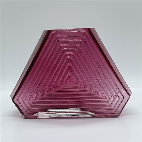 Art Deco Cranberry Glass Vase, Geometric Ribbed Design