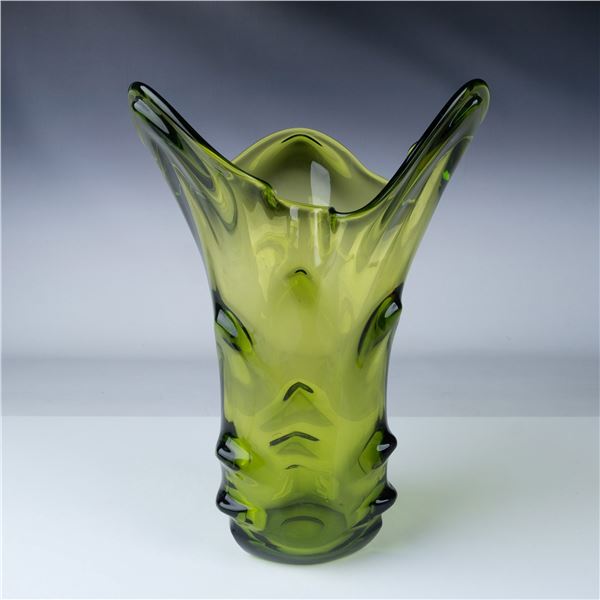 Green Sculpted Ruffled Top Art Glass Vase