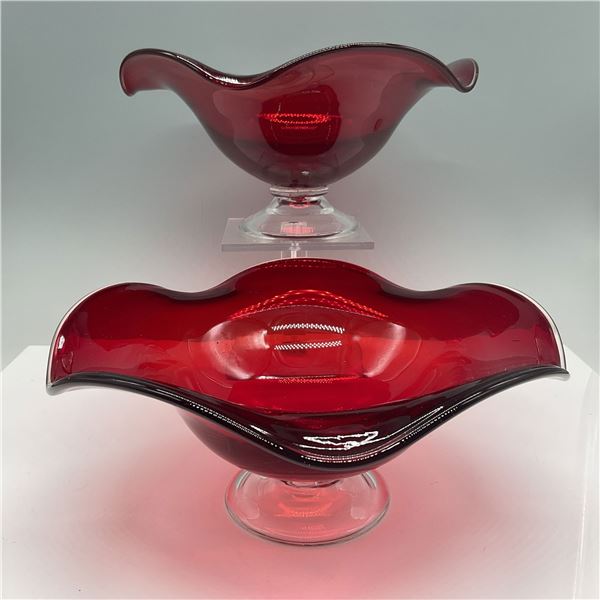 Pair of Ruby Red Glass Pedestal Bowls