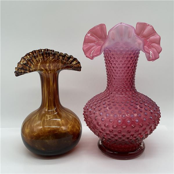 Pair of Vintage Art Glass Vases, Pink Hobnail and Amberina