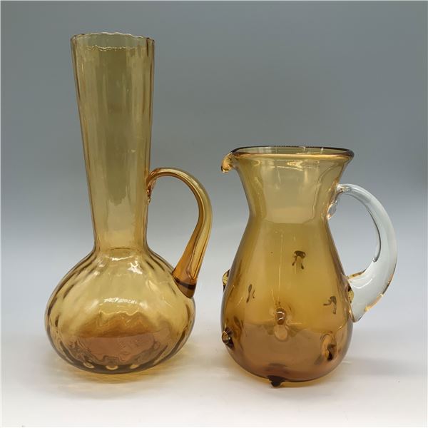2pc Handblown Amber Glass Pitchers