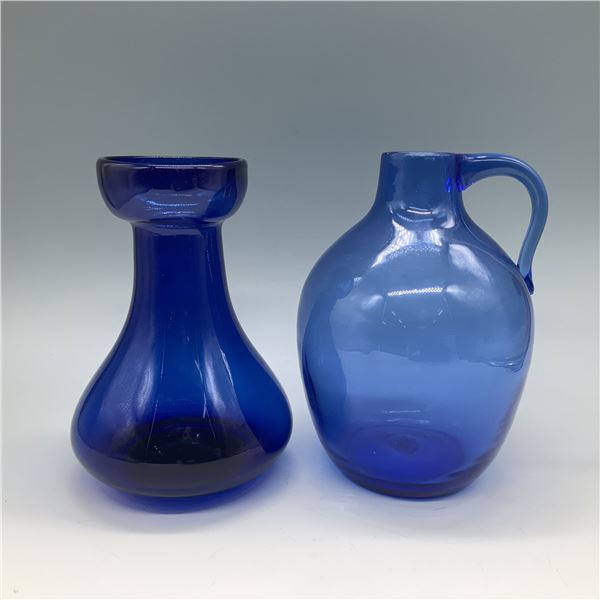 2pc Handblown Blue Glass Jug and Vase