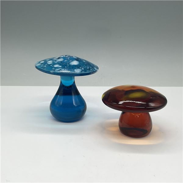 2pc Pair of Art Glass Mushroom Sculptures in Blue and Amber
