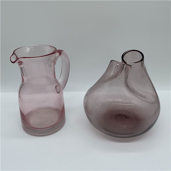 2pc Pink Hand-Blown Glass Pitcher and Vase Set