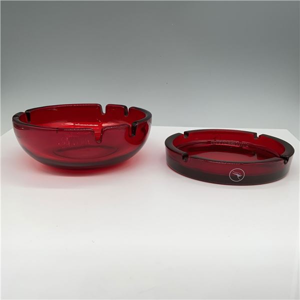 2pc Red Glass Ashtray Set, One Sasaki Marked