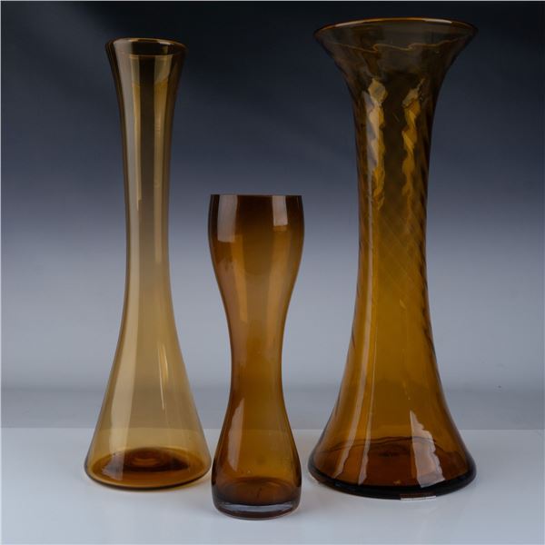 3pc Amber Glass Vase Set, Mid-Century Modern Design