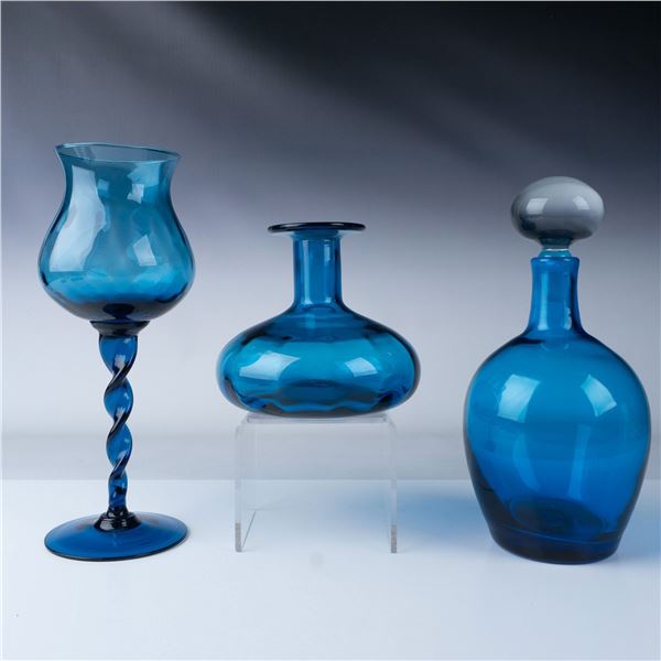 3pc Hand-Blown Blue Glass Collection, Decanter and Vases