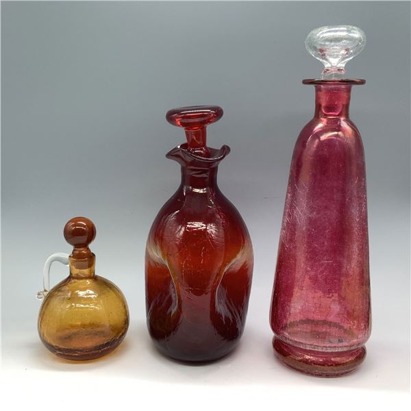 3pc Handblown Multicolor Crackle Glass Decanters