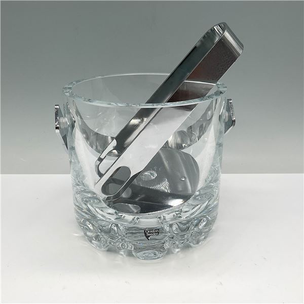 3pc Orrefors Crystal Ice Bucket with Chrome Accessories