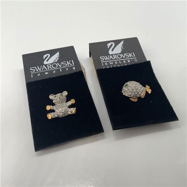 2pc Swarovski Jewelry Brooches, Turtle & Teddy Bear