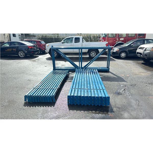 4 - 106"H X 47"W BLUE PALLET RACKING UPRIGHTS, 12 - 96"L X 2 1/4"W BLUE PALLET RACKING CROSSBARS &