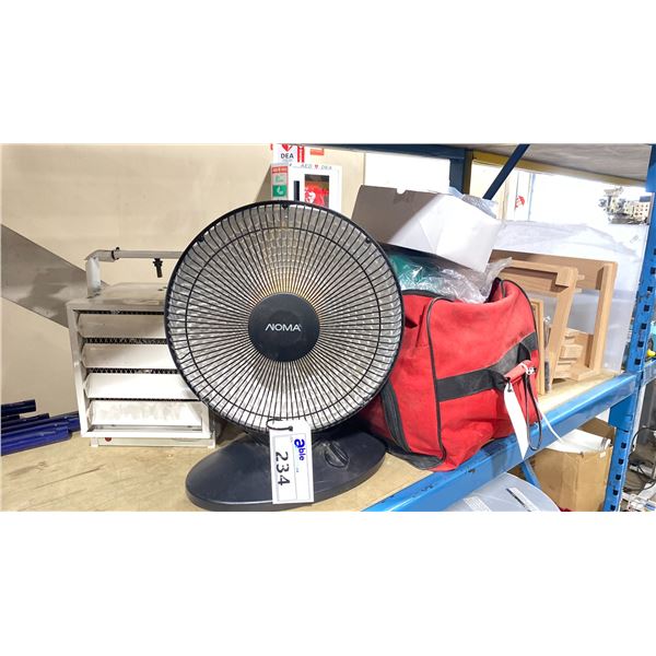 2 SMALL ELECTRIC HEATERS, BAG OF HELMETS, SAFETY GLASSES, PLEXI GLASS & MIELE WINE RACK/DISPLAY