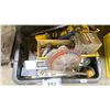 Image 2 : MOTOMASTER MOBILE SHOP STOOL & PLASTIC BIN OF VARIOUS SAW BLADES, TOOLS & HARDWARE