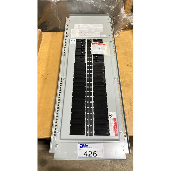EATON POW-R-LINE COMMERCIAL 42 BREAKER POWER DISTRIBUTION BOX WITH ASSORTED BREAKERS